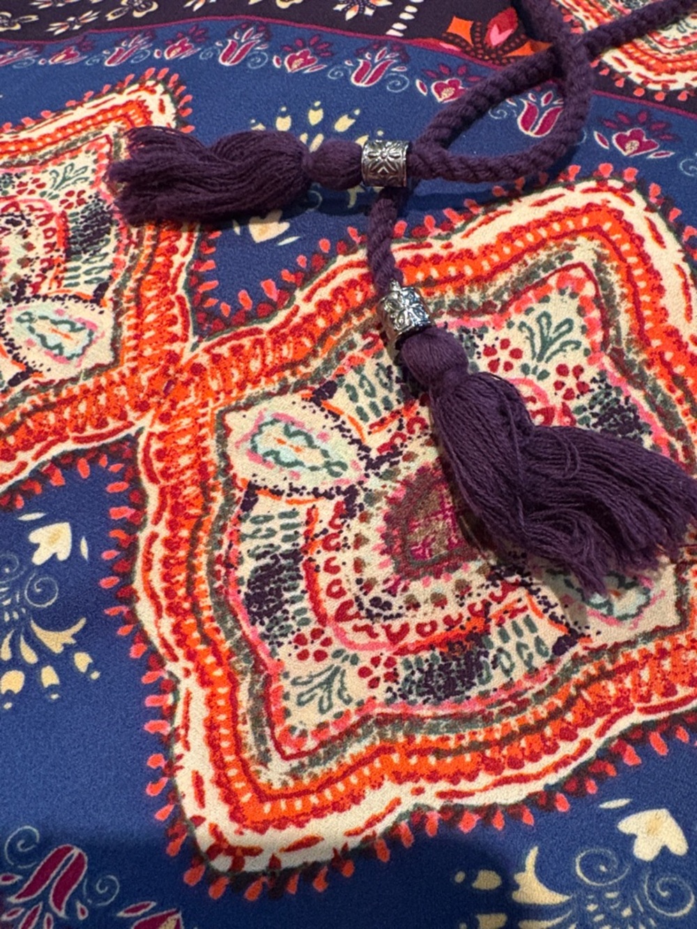DR2 Navy Boho Top with Purple Tassel & Orange Medallion Print XS - Picture 4 of 11